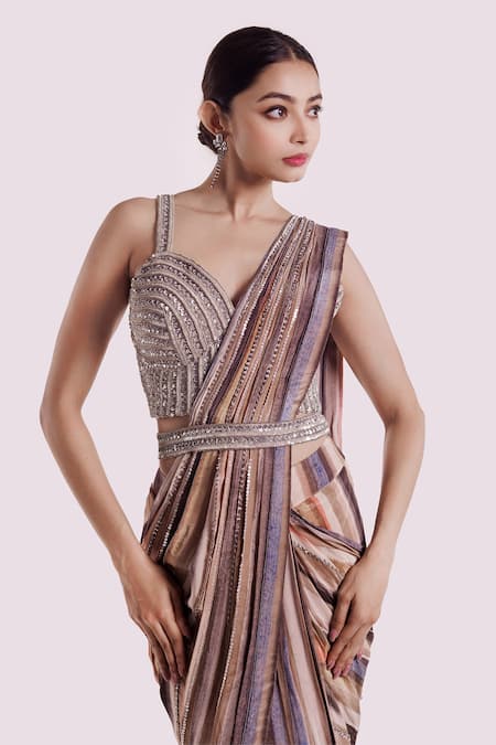 Onaya Grey Crepe Embroidery Cheed Stripe Pattern Pre-stitched Saree With Blouse Online at Aza Fashions Onaya_Grey Crepe Embroidery Cheed Stripe Pattern Pre-stitched Saree With Blouse_Online_at_Aza_Fashions