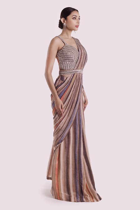 Buy Onaya Grey Crepe Embroidery Cheed Stripe Pattern Pre-stitched Saree With Blouse Online at Aza Fashions Buy_Onaya_Grey Crepe Embroidery Cheed Stripe Pattern Pre-stitched Saree With Blouse_Online_at_Aza_Fashions