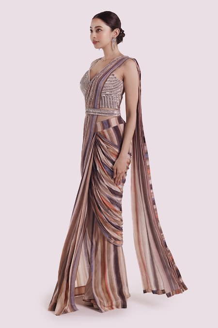 Onaya Grey Crepe Embroidery Cheed Stripe Pattern Pre-stitched Saree With Blouse at Aza Fashions Onaya_Grey Crepe Embroidery Cheed Stripe Pattern Pre-stitched Saree With Blouse_at_Aza_Fashions