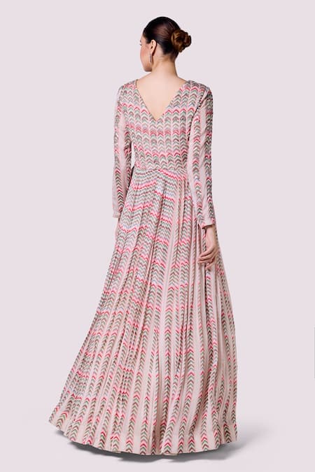 Shop_Onaya_Multi Color Chiffon Embroidery Chevron V Neck Pattern Gown _at_Aza_Fashions