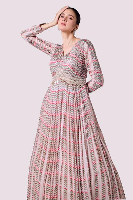 Onaya_Multi Color Chiffon Embroidery Chevron V Neck Pattern Gown _Online_at_Aza_Fashions