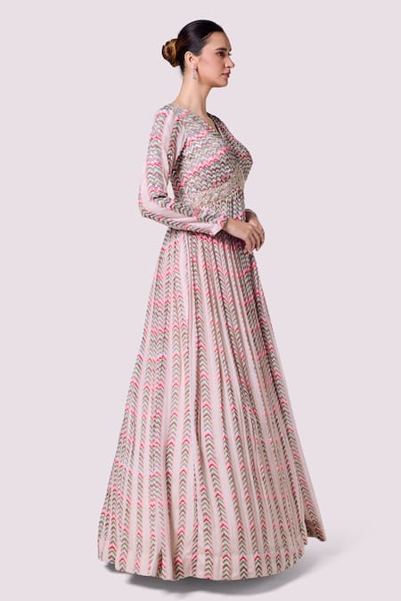 Shop_Onaya_Multi Color Chiffon Embroidery Chevron V Neck Pattern Gown _Online_at_Aza_Fashions