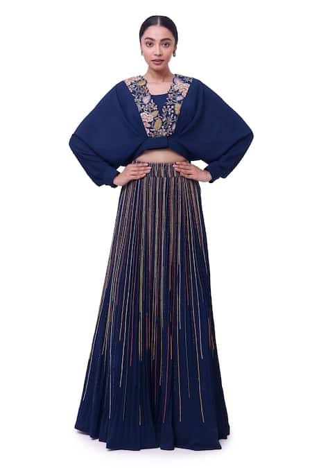 Onaya Blue Georgette Embroidery Pearl V Neck Floral Placket Cape Top Skirt Set 