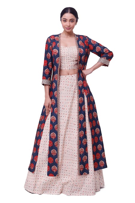 Onaya Blue Silk Printed Floral Cape Open Jacket Skirt Set 