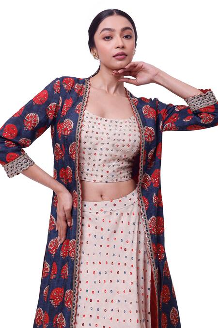 Onaya_Blue Silk Embroidery Open , Round Floral Print Jacket Skirt Set_Online_at_Aza_Fashions