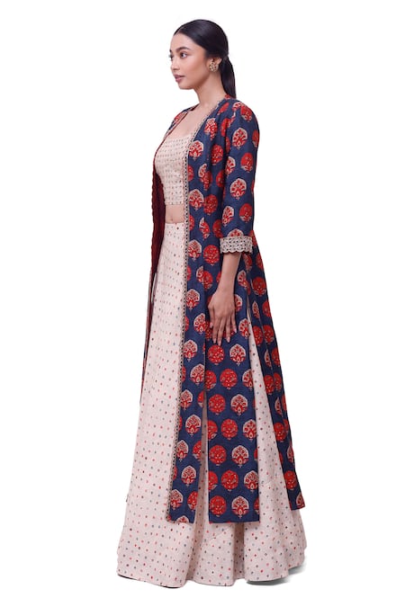 Buy_Onaya_Blue Silk Embroidery Open , Round Floral Print Jacket Skirt Set_Online_at_Aza_Fashions