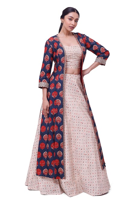 Shop_Onaya_Blue Silk Embroidery Open , Round Floral Print Jacket Skirt Set_Online_at_Aza_Fashions