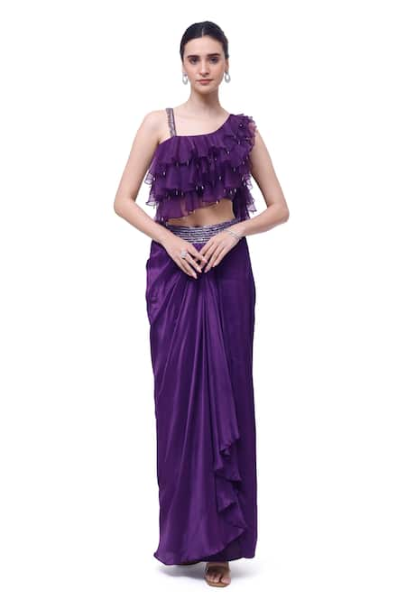 Onaya Purple Organza Embroidery Pipe Asymmetric Ruffle Top Skirt Set 