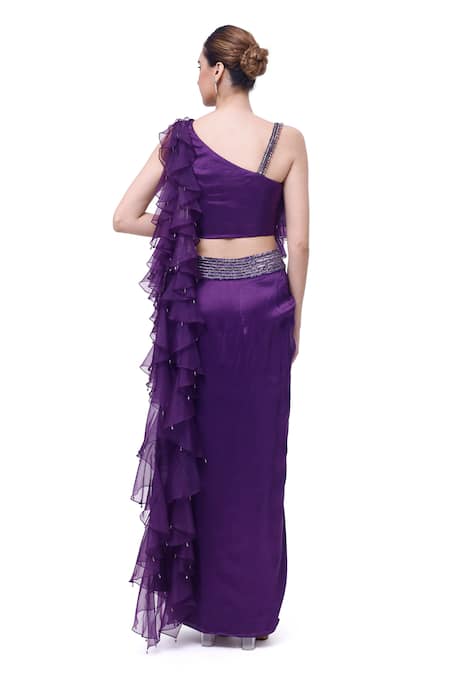 Shop Onaya Purple Silk, Organza Beads, Sequins Asymmetric Ruffle Top Skirt Set at Aza Fashions Shop_Onaya_Purple Silk, Organza Beads, Sequins Asymmetric Ruffle Top Skirt Set _at_Aza_Fashions