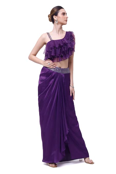 Onaya Purple Silk, Organza Beads, Sequins Asymmetric Ruffle Top Skirt Set Online at Aza Fashions Onaya_Purple Silk, Organza Beads, Sequins Asymmetric Ruffle Top Skirt Set _Online_at_Aza_Fashions