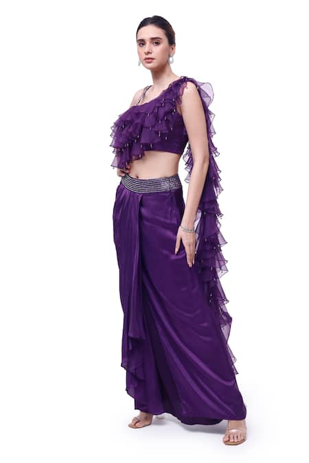 Buy Onaya Purple Silk, Organza Beads, Sequins Asymmetric Ruffle Top Skirt Set Online at Aza Fashions Buy_Onaya_Purple Silk, Organza Beads, Sequins Asymmetric Ruffle Top Skirt Set _Online_at_Aza_Fashions