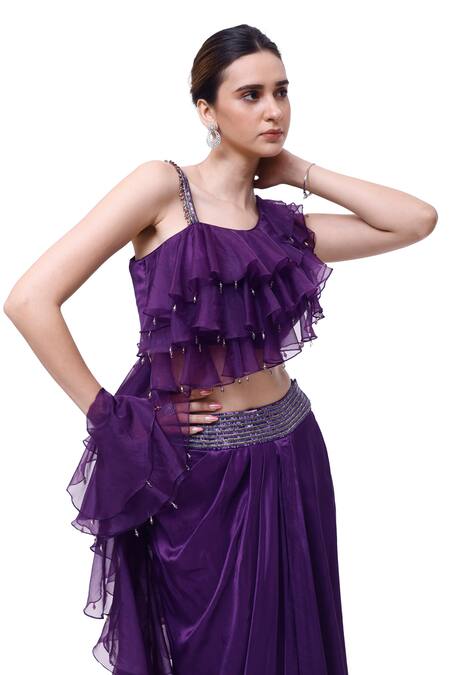 Shop Onaya Purple Silk, Organza Beads, Sequins Asymmetric Ruffle Top Skirt Set Online at Aza Fashions Shop_Onaya_Purple Silk, Organza Beads, Sequins Asymmetric Ruffle Top Skirt Set _Online_at_Aza_Fashions