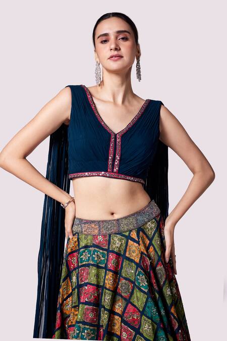 Onaya_Blue Silk Sequins, Stones, Mirrors Floral Print Lehenga And Cropped Jacket Set_Online_at_Aza_Fashions