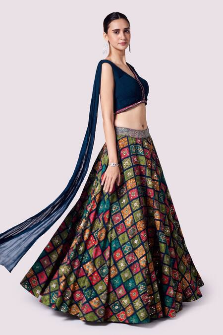 Buy_Onaya_Blue Silk Sequins, Stones, Mirrors Floral Print Lehenga And Cropped Jacket Set_Online_at_Aza_Fashions