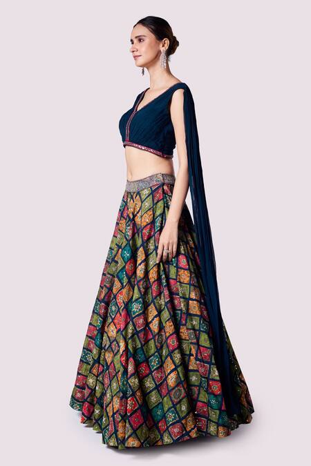 Shop_Onaya_Blue Silk Sequins, Stones, Mirrors Floral Print Lehenga And Cropped Jacket Set_Online_at_Aza_Fashions