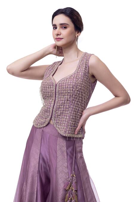 Onaya_Purple Organza Embroidery, Tassels Sequin Work Vest And Sharara Set_Online_at_Aza_Fashions