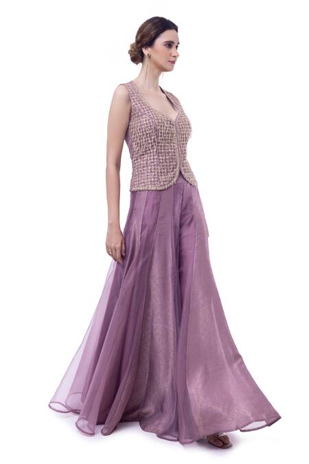 Buy_Onaya_Purple Organza Embroidery, Tassels Sequin Work Vest And Sharara Set_Online_at_Aza_Fashions