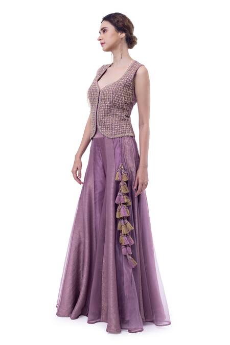 Shop_Onaya_Purple Organza Embroidery, Tassels Sequin Work Vest And Sharara Set_Online_at_Aza_Fashions