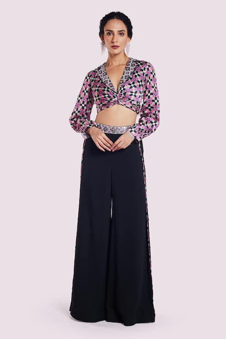 Onaya Grey Georgette Printed Geometric Shawl Collar Crop Top And Pant Set 