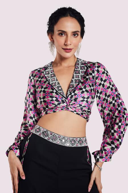 Onaya_Grey Georgette, Satin Cut Work, Sequins, Geometric Print Crop Top And Pant Set_Online_at_Aza_Fashions