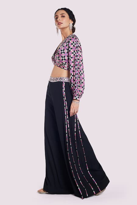 Buy_Onaya_Grey Georgette, Satin Cut Work, Sequins, Geometric Print Crop Top And Pant Set_Online_at_Aza_Fashions