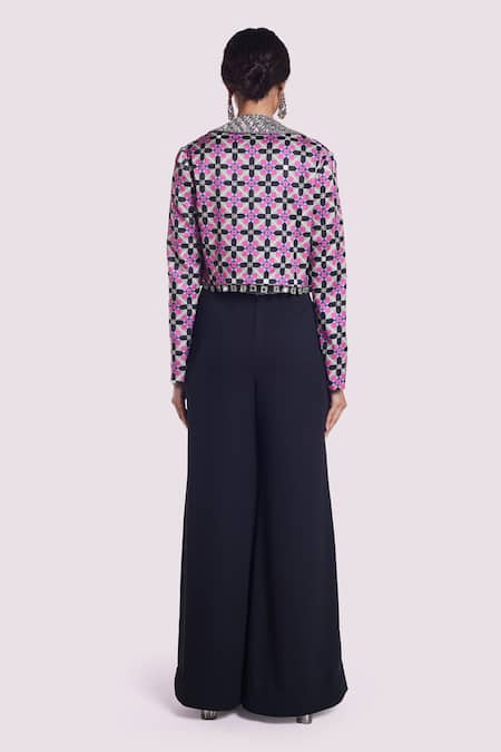 Shop_Onaya_Grey Georgette, Satin Embroidery, Mirrors, Geometric Print Jacket Pant Set _at_Aza_Fashions