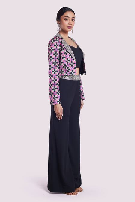 Onaya_Grey Georgette, Satin Embroidery, Mirrors, Geometric Print Jacket Pant Set _Online_at_Aza_Fashions
