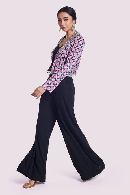 Buy_Onaya_Grey Georgette, Satin Embroidery, Mirrors, Geometric Print Jacket Pant Set _Online_at_Aza_Fashions