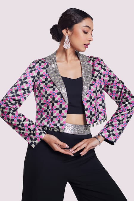 Shop_Onaya_Grey Georgette, Satin Embroidery, Mirrors, Geometric Print Jacket Pant Set _Online_at_Aza_Fashions
