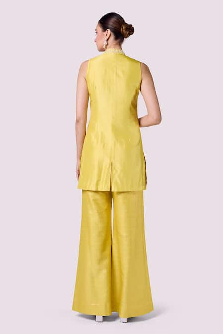 Shop_Onaya_Yellow Silk, Brocade Pearls, Sequins Thread Work Kurta And Flared Pant Set_at_Aza_Fashions