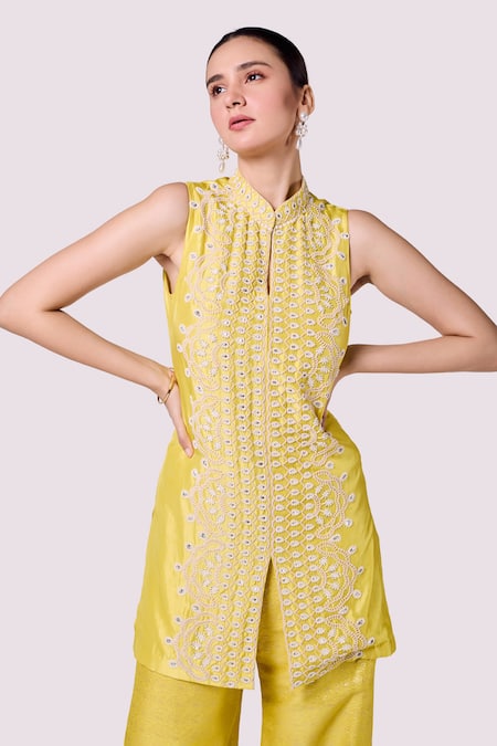 Onaya_Yellow Silk, Brocade Pearls, Sequins Thread Work Kurta And Flared Pant Set_Online_at_Aza_Fashions