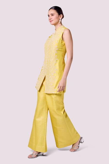 Buy_Onaya_Yellow Silk, Brocade Pearls, Sequins Thread Work Kurta And Flared Pant Set_Online_at_Aza_Fashions