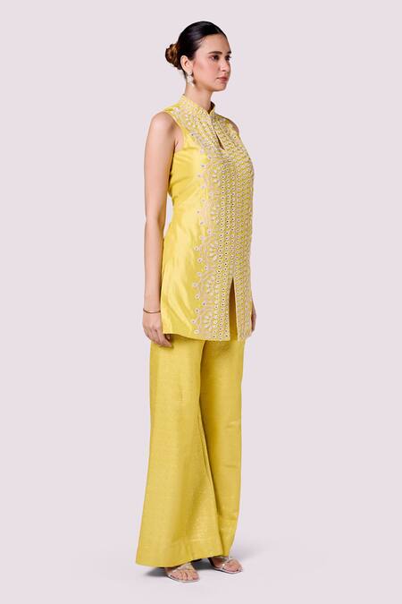 Shop_Onaya_Yellow Silk, Brocade Pearls, Sequins Thread Work Kurta And Flared Pant Set_Online_at_Aza_Fashions