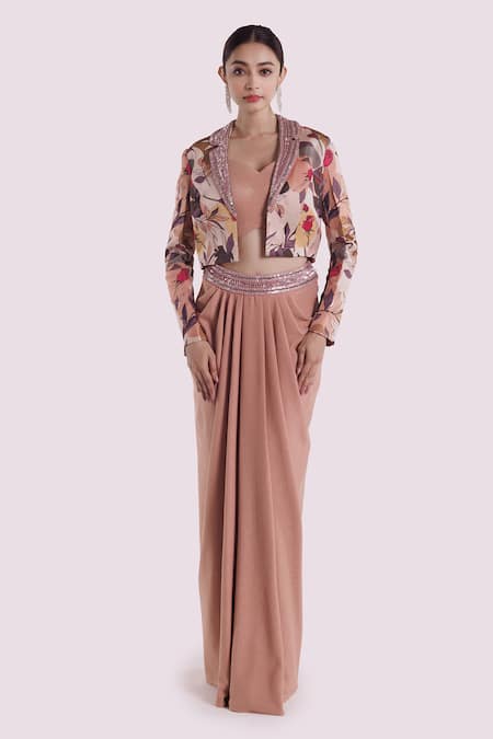 Onaya Floral Print Jacket Draped Skirt Set 