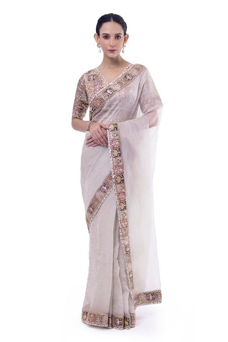 Onaya Silver Organza Embroidery Aari V Neck Border Saree With Blouse 