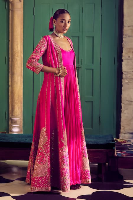 Punit Balana Pink Satin, Silk Sequins, Embroidery, Marodi Neckline Anarkali With Jacket at Aza Fashions Punit Balana_Pink Satin, Silk Sequins, Embroidery, Marodi Neckline Anarkali With Jacket _at_Aza_Fashions