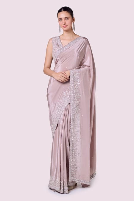 Onaya Pink Crepe Embellished Sequin V Neck Border Saree With Blouse 