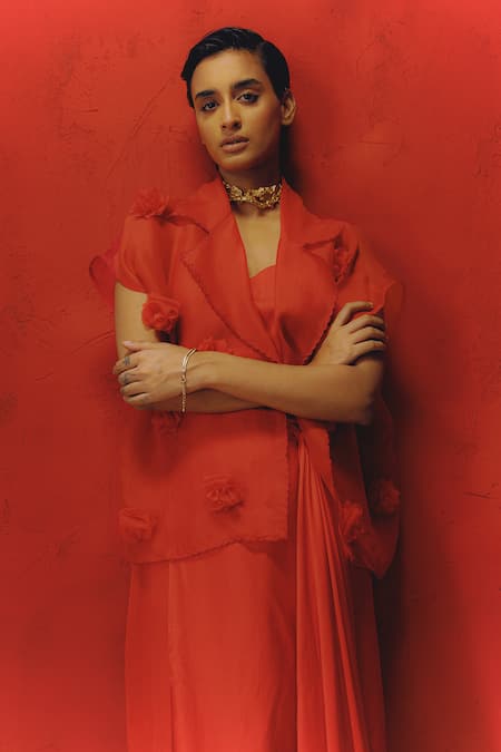 Shop Richa Khemka Red Organza, Modal Applique Open Neck, Collared Asiatic Lily Jacket With Dress at Aza Fashions Shop_Richa Khemka_Red Organza, Modal Applique Open Neck, Collared Asiatic Lily Jacket With Dress _at_Aza_Fashions
