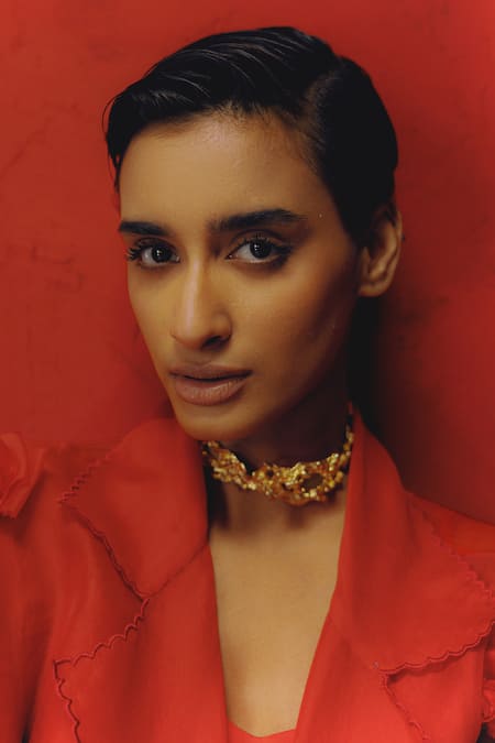 Richa Khemka Red Organza, Modal Applique Open Neck, Collared Asiatic Lily Jacket With Dress Online at Aza Fashions Richa Khemka_Red Organza, Modal Applique Open Neck, Collared Asiatic Lily Jacket With Dress _Online_at_Aza_Fashions