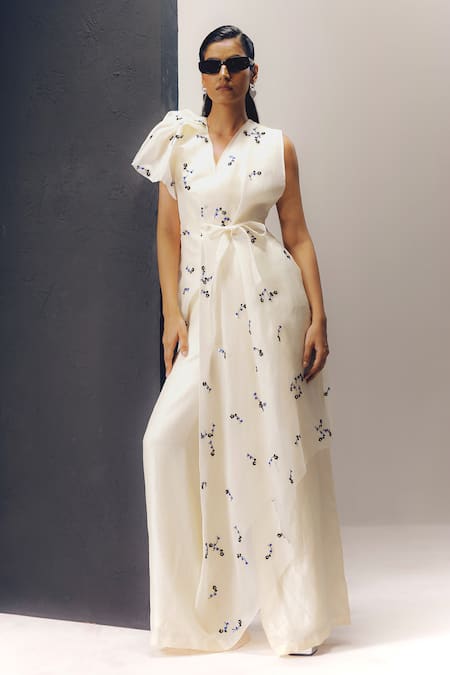 Richa Khemka White Silk Embroidery Floral V Neck Calla Lilly Layered Jumpsuit 