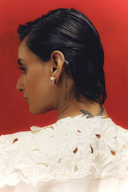 Richa Khemka_White Organza, Modal Embroidery Round Neck Floral Patch Work Overlay With Dress_Online_at_Aza_Fashions