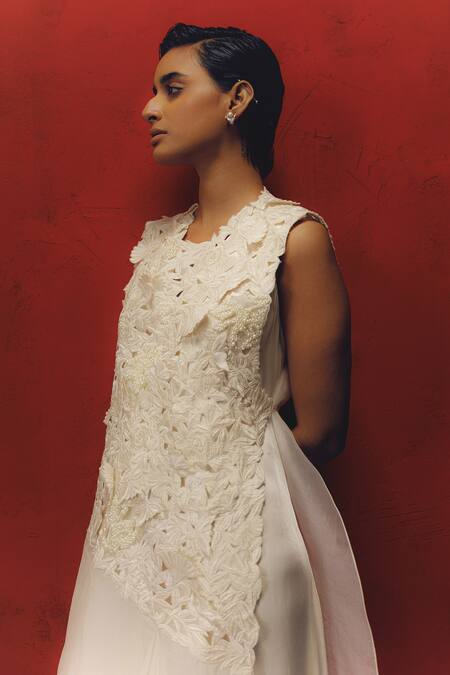 Buy_Richa Khemka_White Organza, Modal Embroidery Round Neck Floral Patch Work Overlay With Dress_Online_at_Aza_Fashions