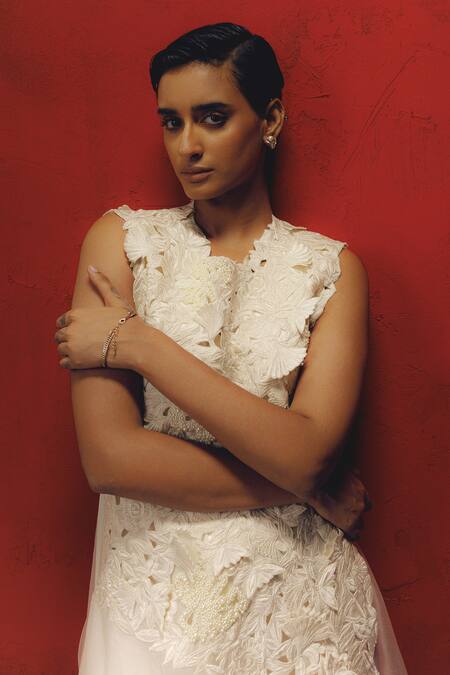 Shop_Richa Khemka_White Organza, Modal Embroidery Round Neck Floral Patch Work Overlay With Dress_Online_at_Aza_Fashions