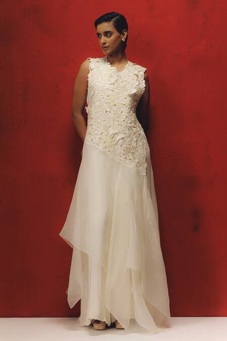 Richa Khemka_White Organza, Modal Embroidery Round Neck Floral Patch Work Overlay With Dress_at_Aza_Fashions
