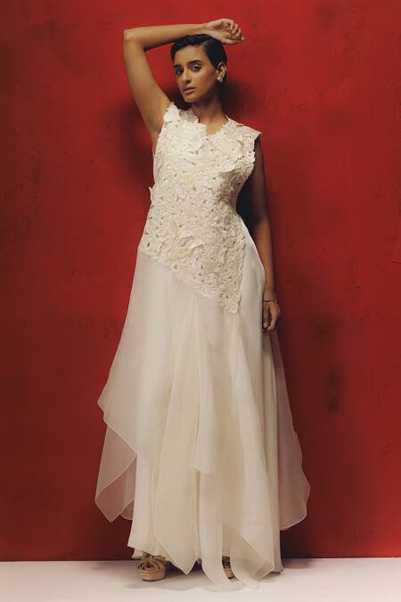 Buy_Richa Khemka_White Organza, Modal Embroidery Round Neck Floral Patch Work Overlay With Dress
