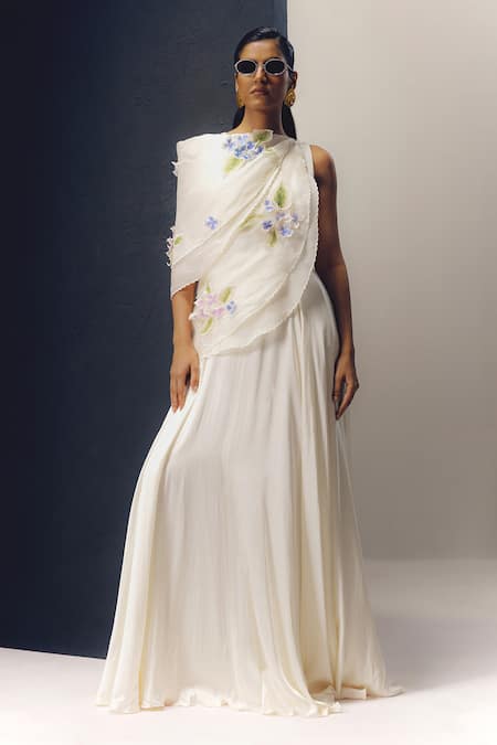 Shop Richa Khemka White Modal, Satin Embroidery Asymmetric Gypsy Draped Floral Work Gown at Aza Fashions Shop_Richa Khemka_White Modal, Satin Embroidery Asymmetric Gypsy Draped Floral Work Gown _at_Aza_Fashions