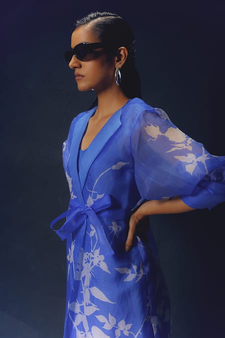 Shop Richa Khemka Blue Organza, Modal Collared Lobelia Floral Pattern Jacket at Aza Fashions Shop_Richa Khemka_Blue Organza, Modal Collared Lobelia Floral Pattern Jacket _at_Aza_Fashions