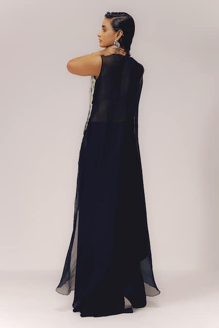Shop_Richa Khemka_Black Organza, Modal Pearls Plunge Neck Monocroma Embroidered Jacket With Skirt _at_Aza_Fashions