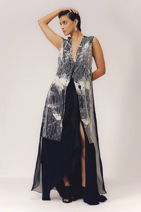 Richa Khemka_Black Organza, Modal Pearls Plunge Neck Monocroma Embroidered Jacket With Skirt _Online_at_Aza_Fashions