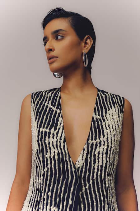 Buy_Richa Khemka_Black Organza, Modal Pearls Plunge Neck Monocroma Embroidered Jacket With Skirt _Online_at_Aza_Fashions